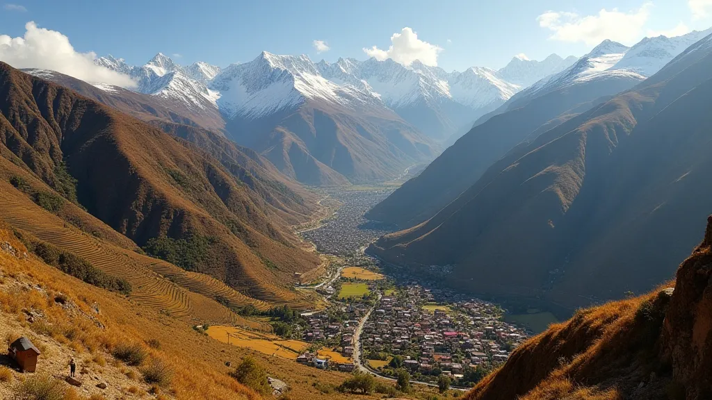 Panoramic view of the Andean highlands with textiles displayed