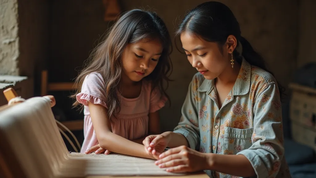 Grandmother and granddaughter weaving together