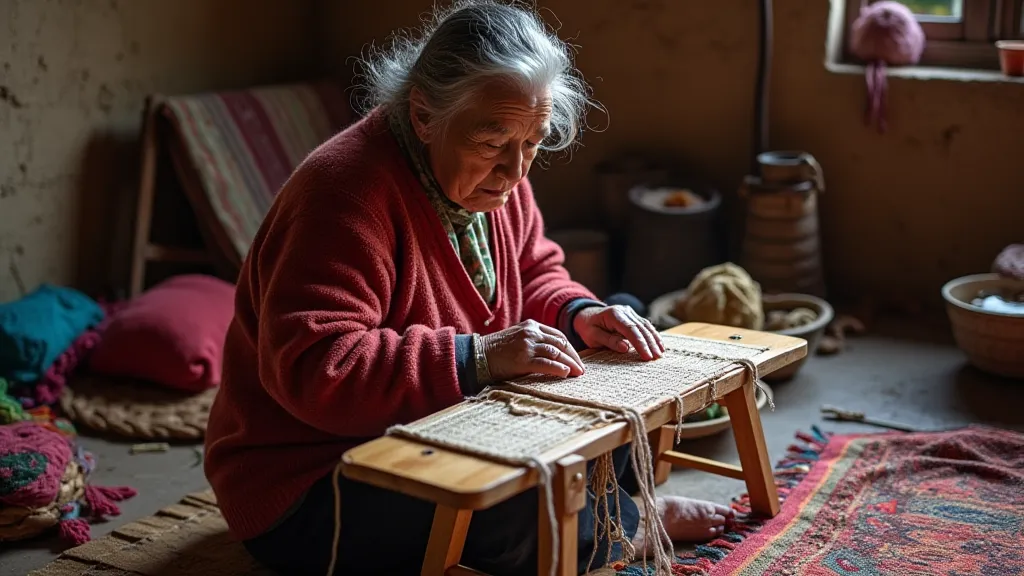 A Peruvian woman weaving on a backstrap loom
