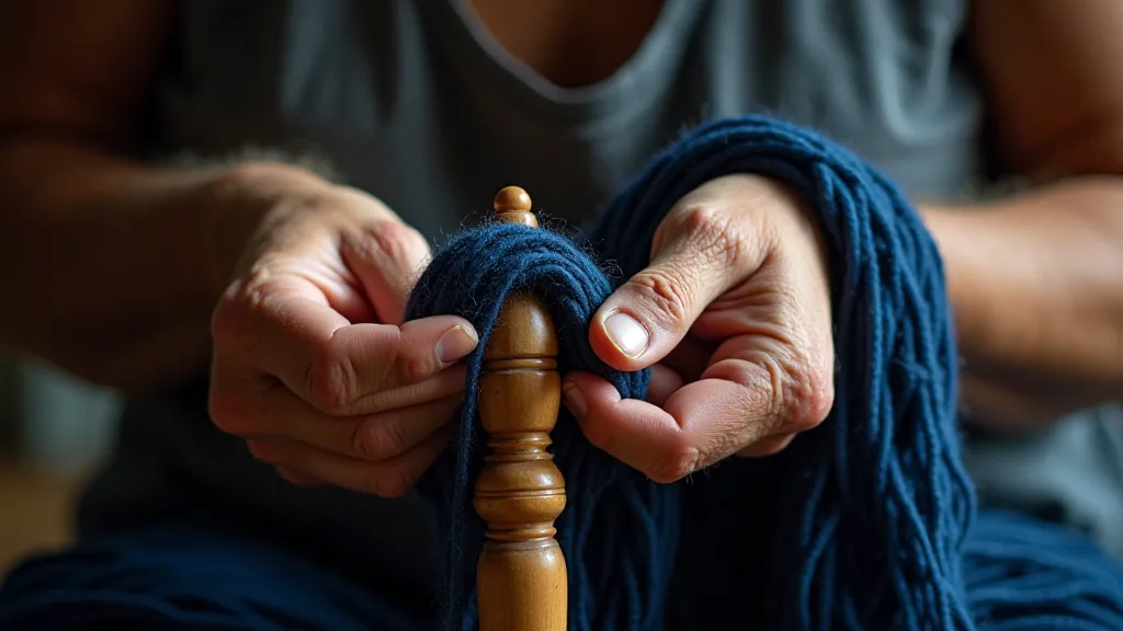 Elderly woman spinning yarn by hand