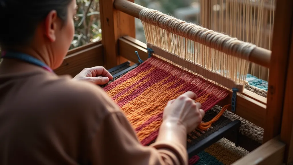 A weaver's hands working on a loom