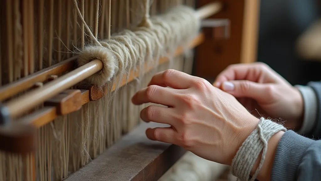Elderly woman weaving on a traditional loom