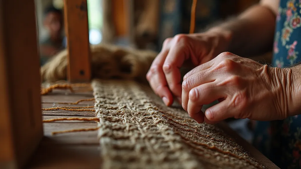 A weaver's hands guiding yarn on a loom